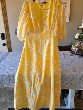 Yellow Floral Midi Dress with Puff Sleeves